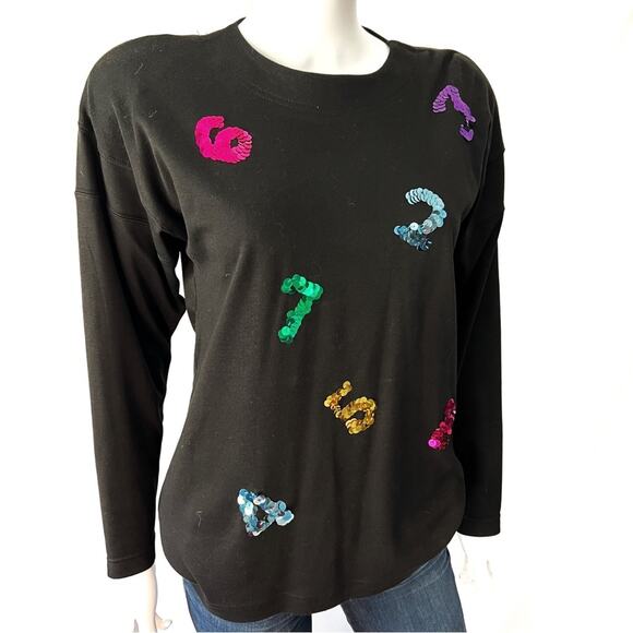 CHAUS PETITES Vintage Black Sequin Number Knit Top Teacher Small - Picture 3 of 8